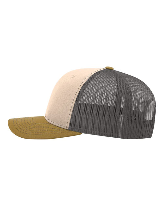 Richardson 112 Snapback Trucker Cap - Mink Beige/ Charcoal/ Amber Gold Leather Patch