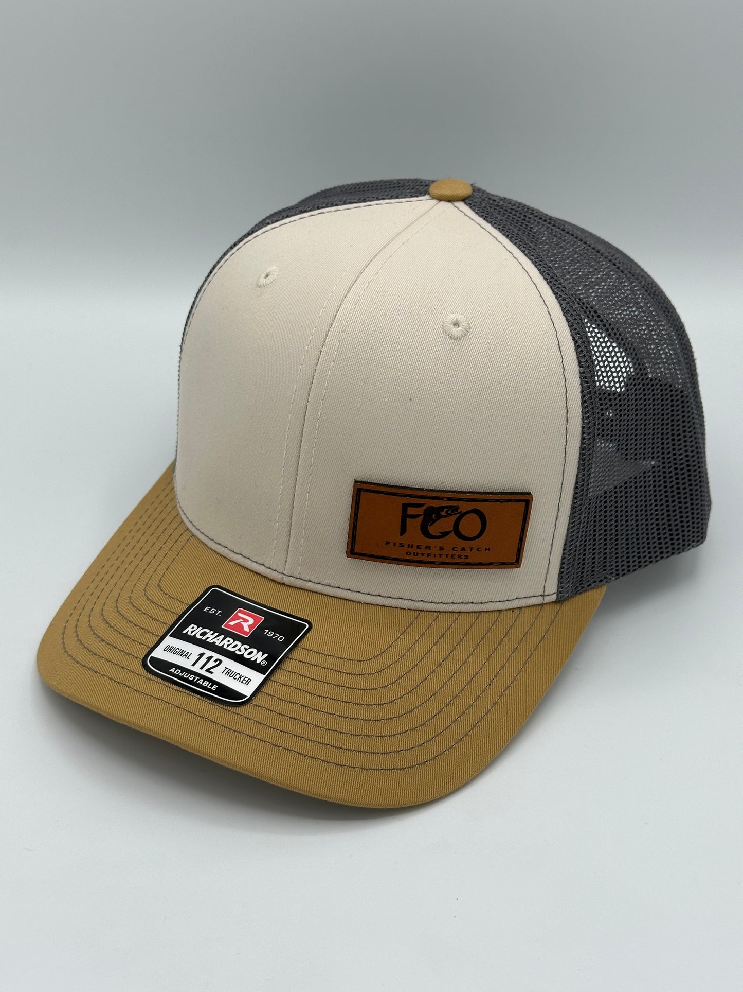Richardson 112 Snapback Trucker Cap - Mink Beige/ Charcoal/ Amber Gold Leather Patch